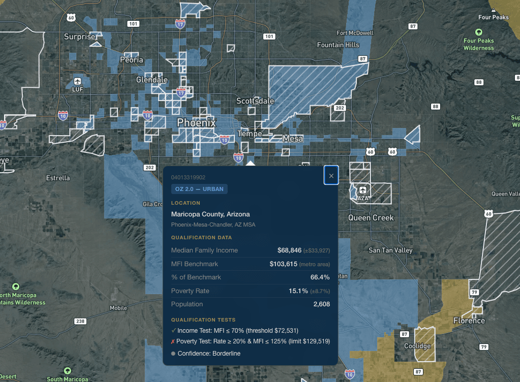 OZ 2.0 Eligibility Map showing census tracts near Phoenix, Arizona